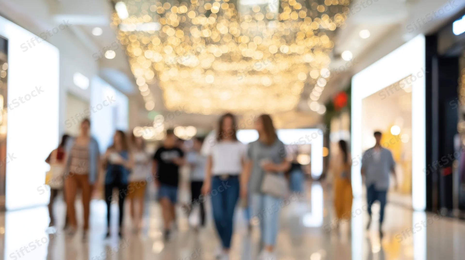 People walking through a shopping mall interior with soft bokeh lights overhead