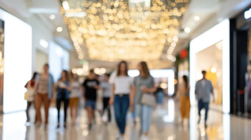 People walking through a shopping mall interior with soft bokeh lights overhead