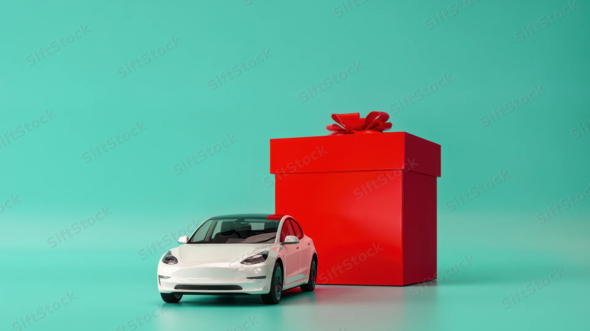 White electric car beside large red gift box on teal background