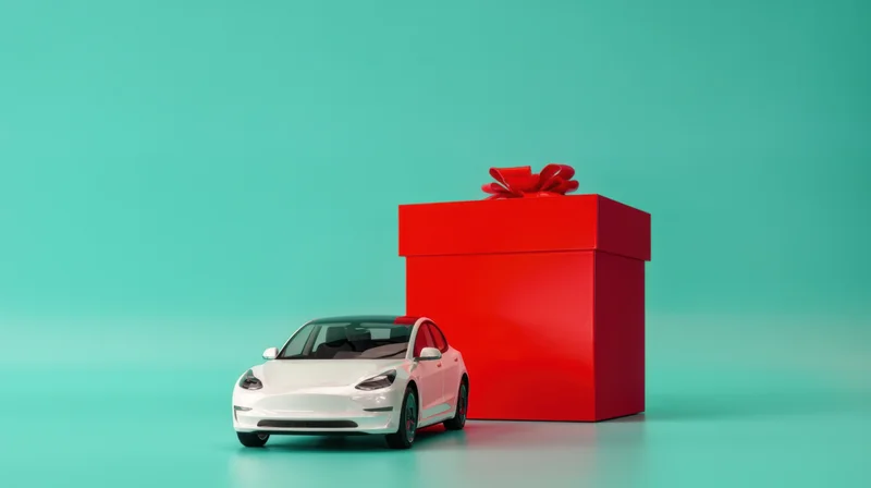 White electric car beside large red gift box on teal background