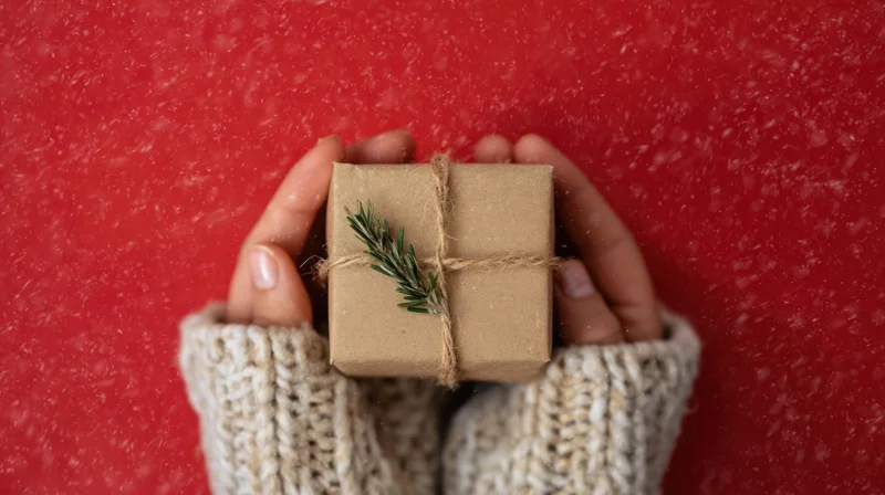 Hands holding a small wrapped gift box with evergreen sprig against red background with falling snow