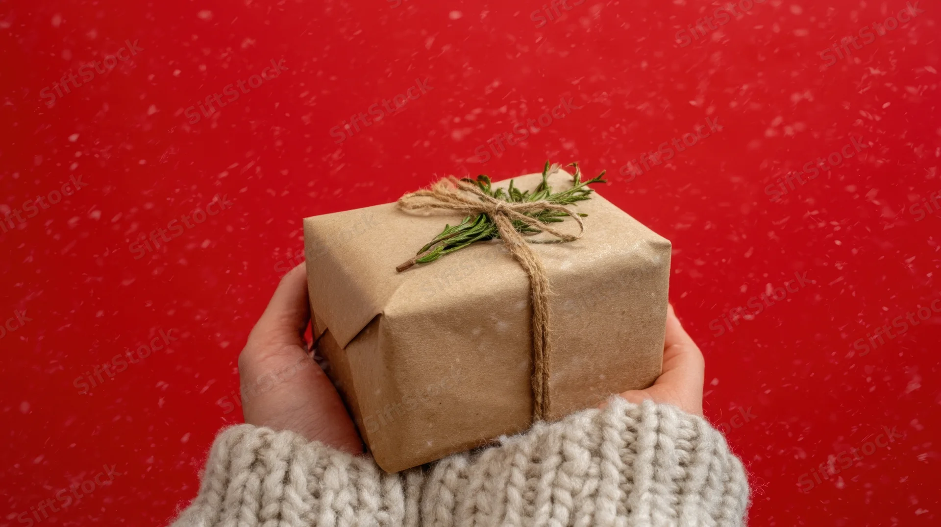 Hands holding a small gift wrapped in brown paper with twine and rosemary sprig against red background with falling snow