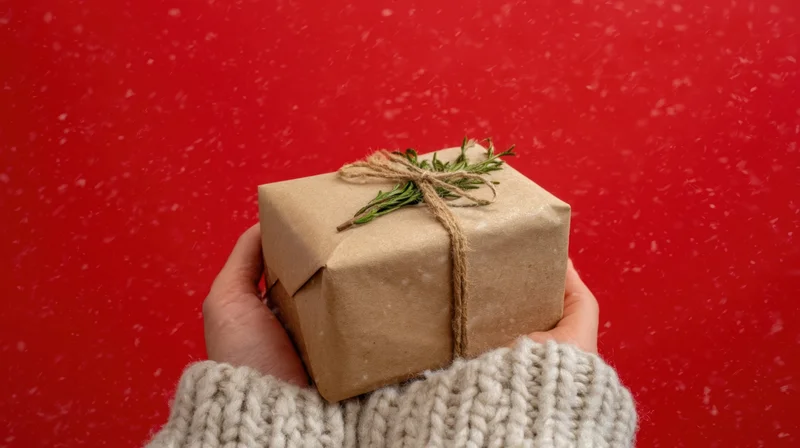 Hands holding a small gift wrapped in brown paper with twine and rosemary sprig against red background with falling snow