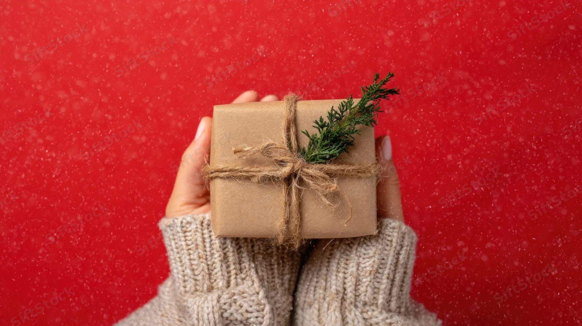 Hands holding a small gift wrapped in brown paper with twine and evergreen sprig against red background