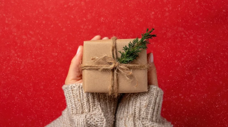 Hands holding a small gift wrapped in brown paper with twine and evergreen sprig against red background