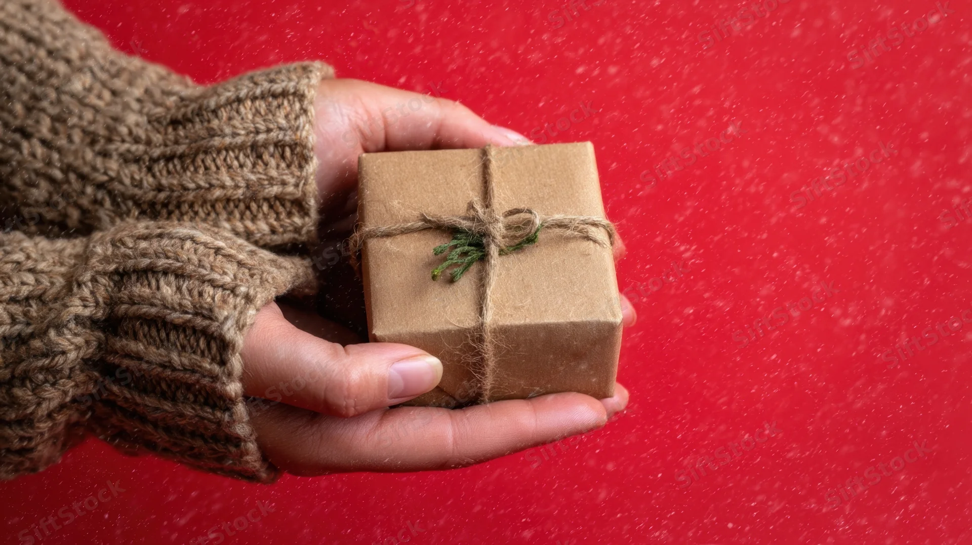 Hands holding a small wrapped gift box against a red background with falling snow