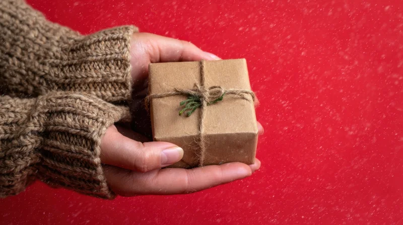 Hands holding a small wrapped gift box against a red background with falling snow