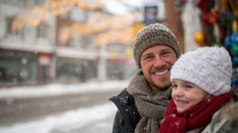 Smiling man and young girl in winter snow on a city street