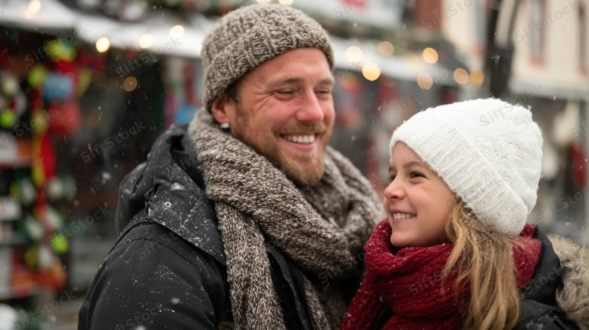 Man and young girl smiling together in snow at a festive outdoor market