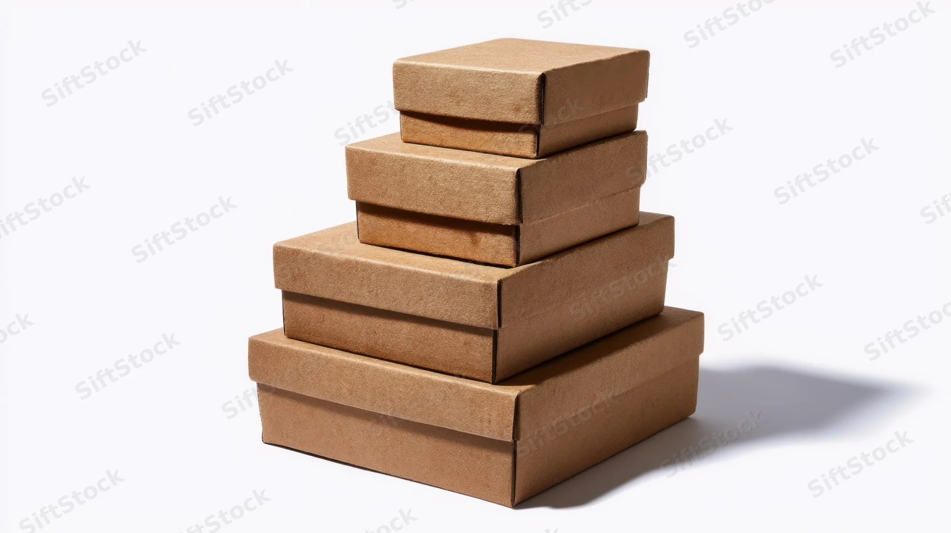 Four brown cardboard boxes stacked in descending size on a white background