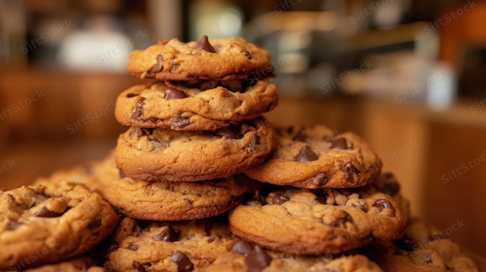 Stack of freshly baked chocolate chip cookies on wooden surface in kitchen