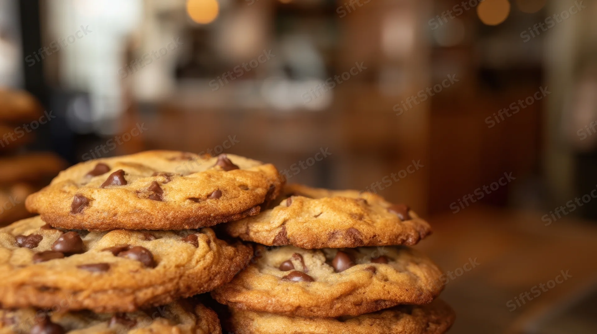 Stack of chocolate chip cookies on wooden surface in cafe setting