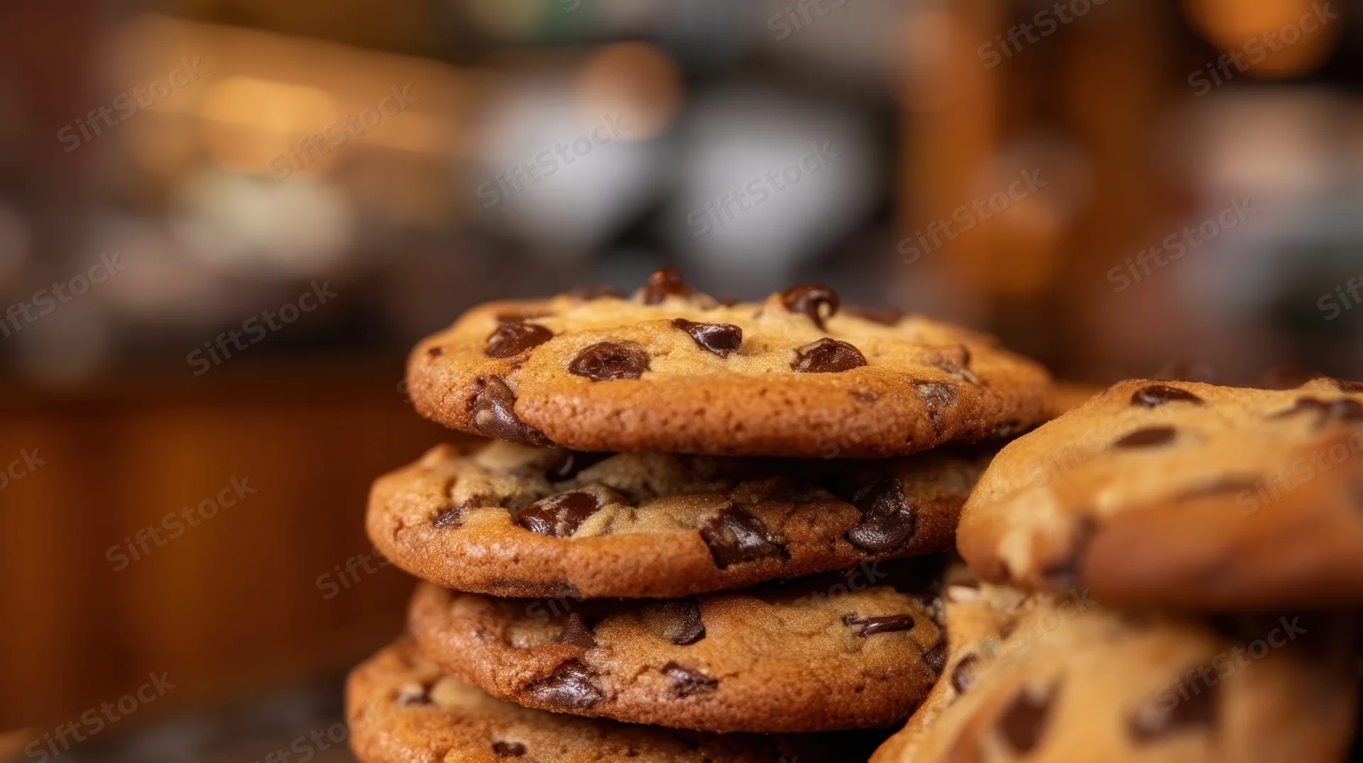Stack of freshly baked chocolate chip cookies on a wooden surface in a kitchen setting