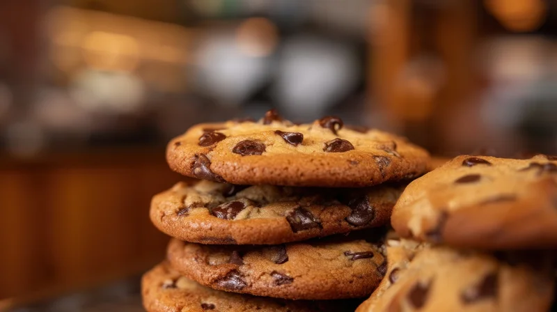 Stack of freshly baked chocolate chip cookies on a wooden surface in a kitchen setting