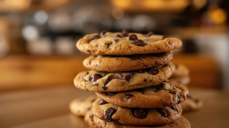 Stack of chocolate chip cookies on wooden surface with blurred bakery background
