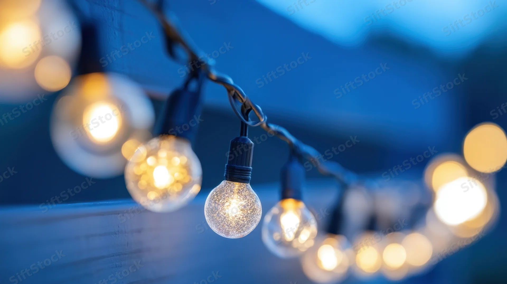 String of decorative glass bulbs glowing warmly against a blue evening background