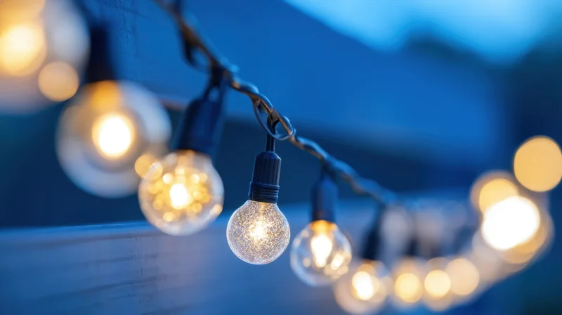 String of decorative glass bulbs glowing warmly against a blue evening background