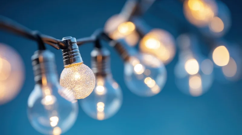 String of decorative glass bulbs glowing warmly against a blue background with bokeh effect