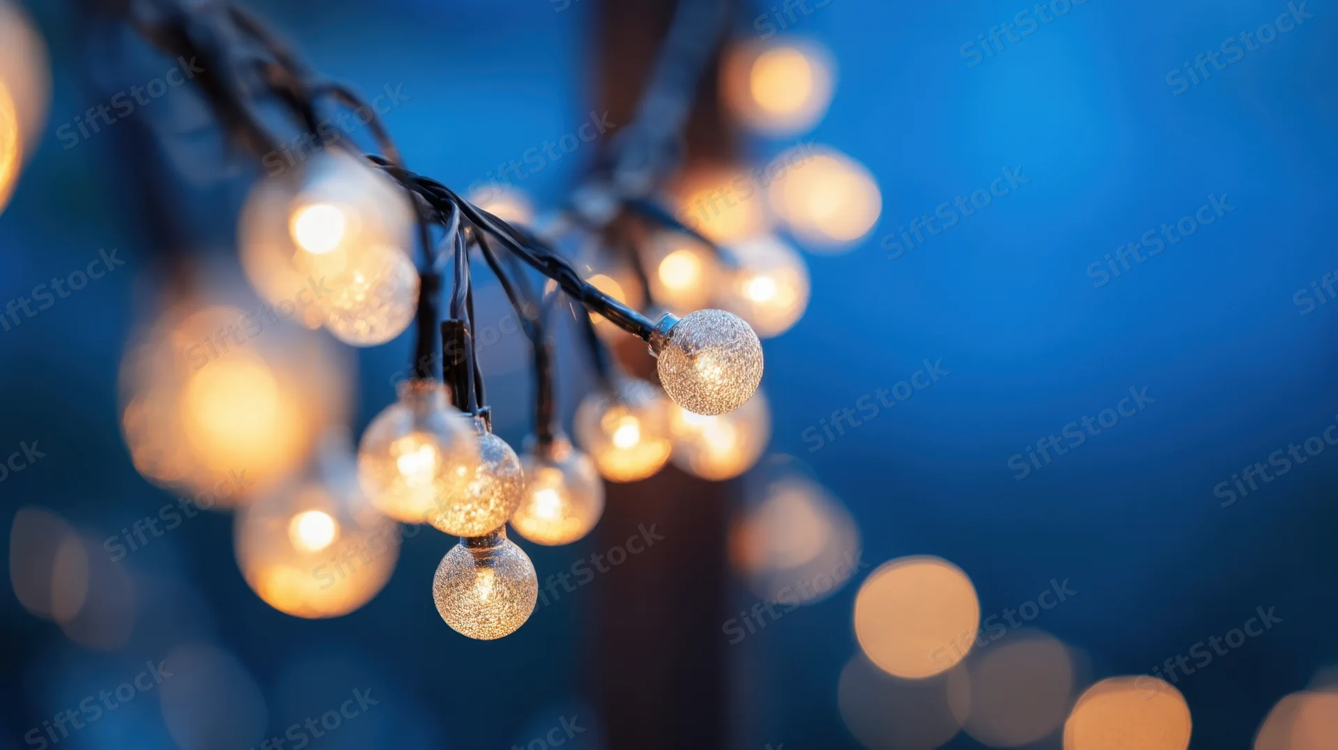 String of decorative glass bulbs glowing warmly against a blurred blue background