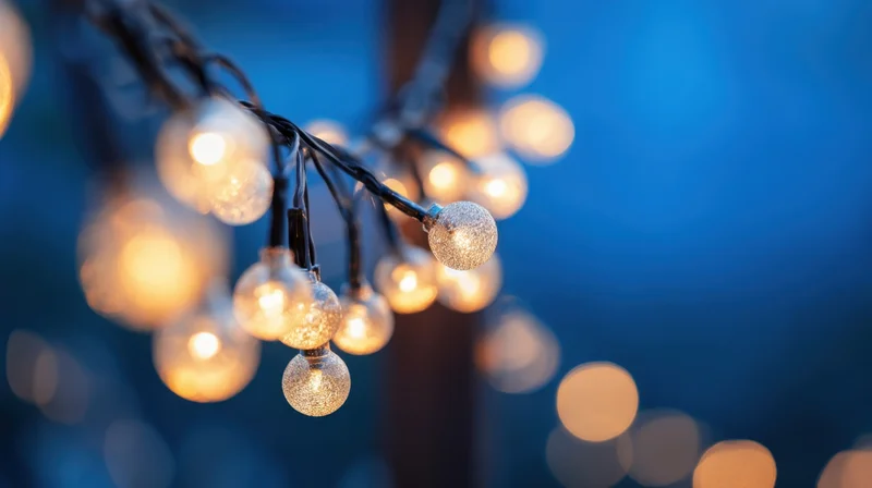 String of decorative glass bulbs glowing warmly against a blurred blue background
