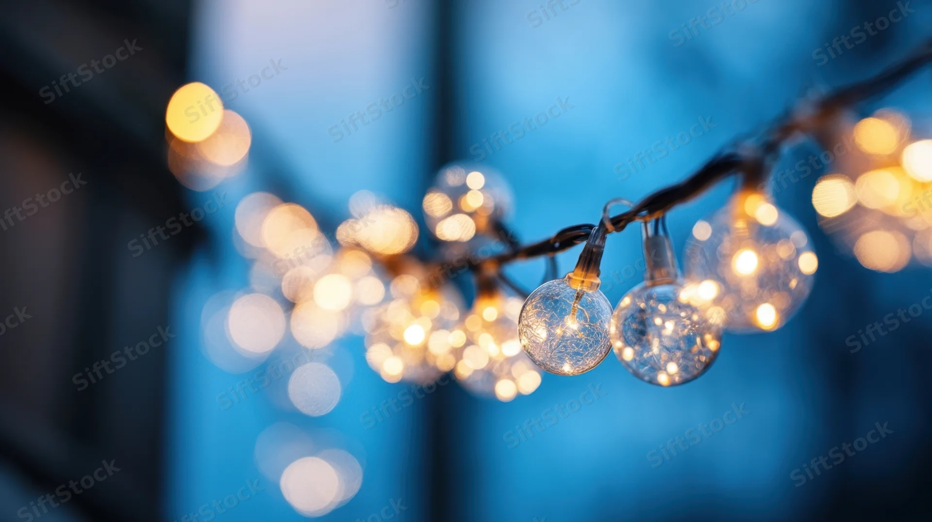 String of round glass decorative lights glowing warmly against a blurred blue background