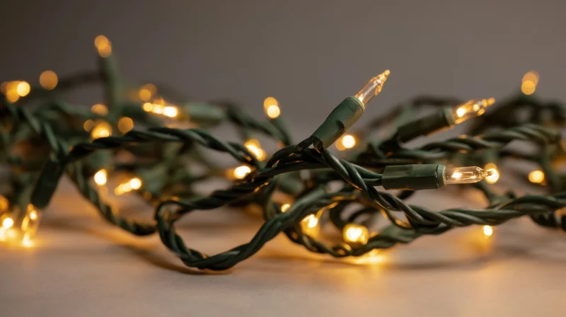 Tangled string of warm yellow holiday lights on a flat surface with soft glow and bokeh background