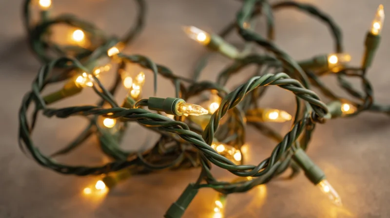 Tangled string of warm yellow holiday lights on a soft surface