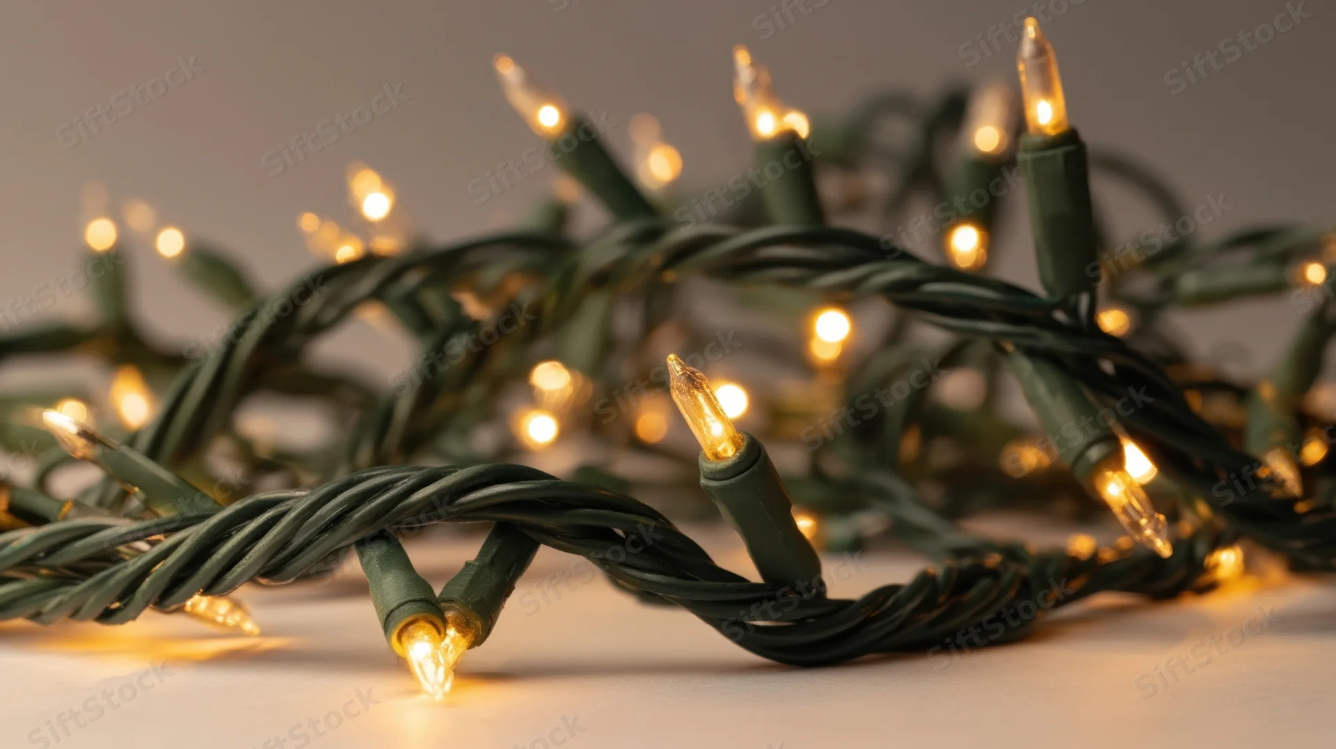 Tangled string of warm yellow holiday lights on a flat surface