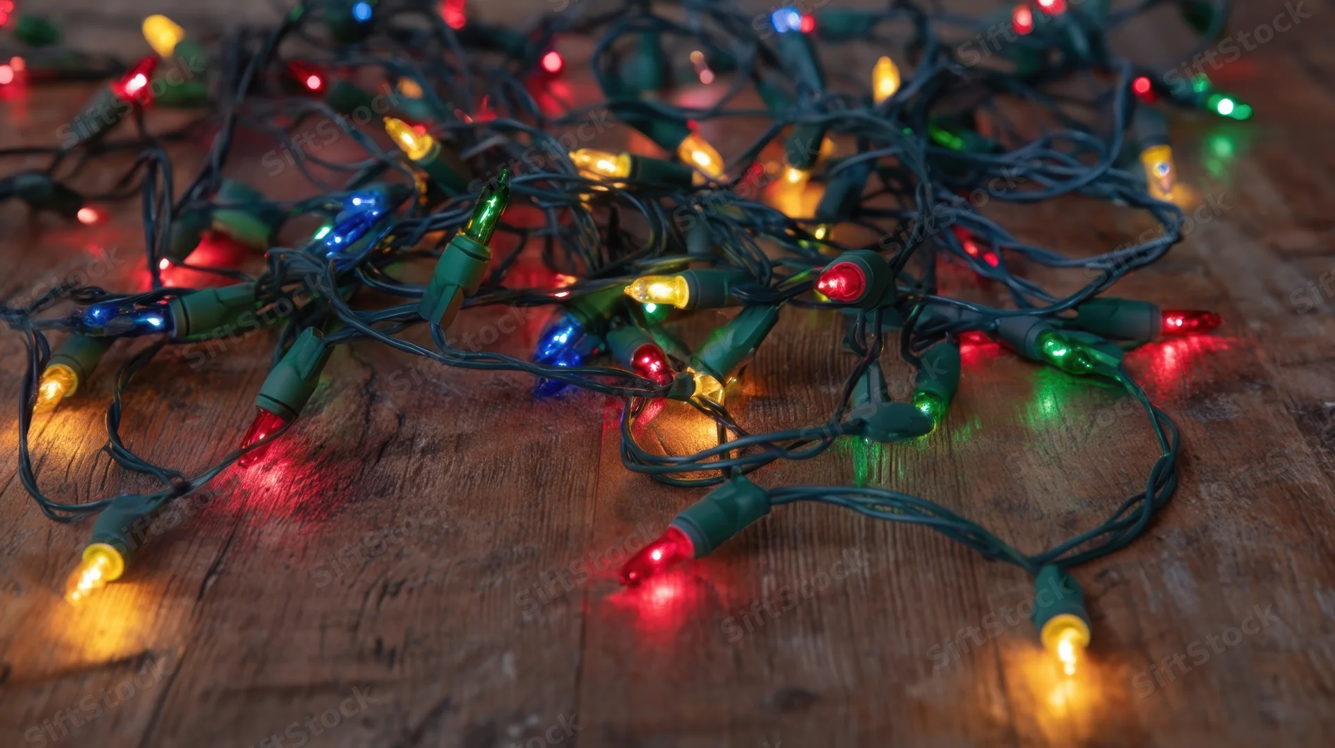 Tangled colorful christmas lights glowing on a rustic wooden floor