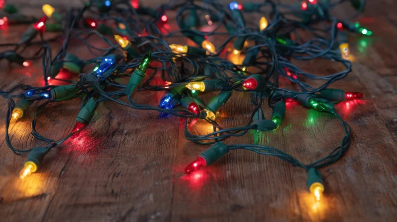 Tangled colorful christmas lights glowing on a rustic wooden floor