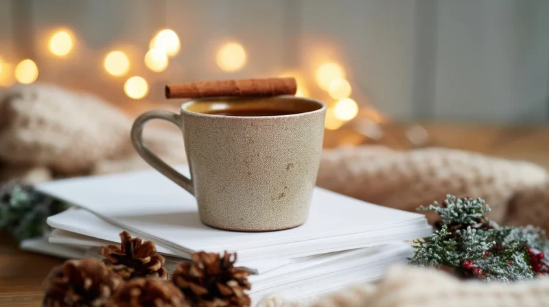Textured ceramic cup with cinnamon stick on stack of paper surrounded by pinecones and holiday lights on wooden table