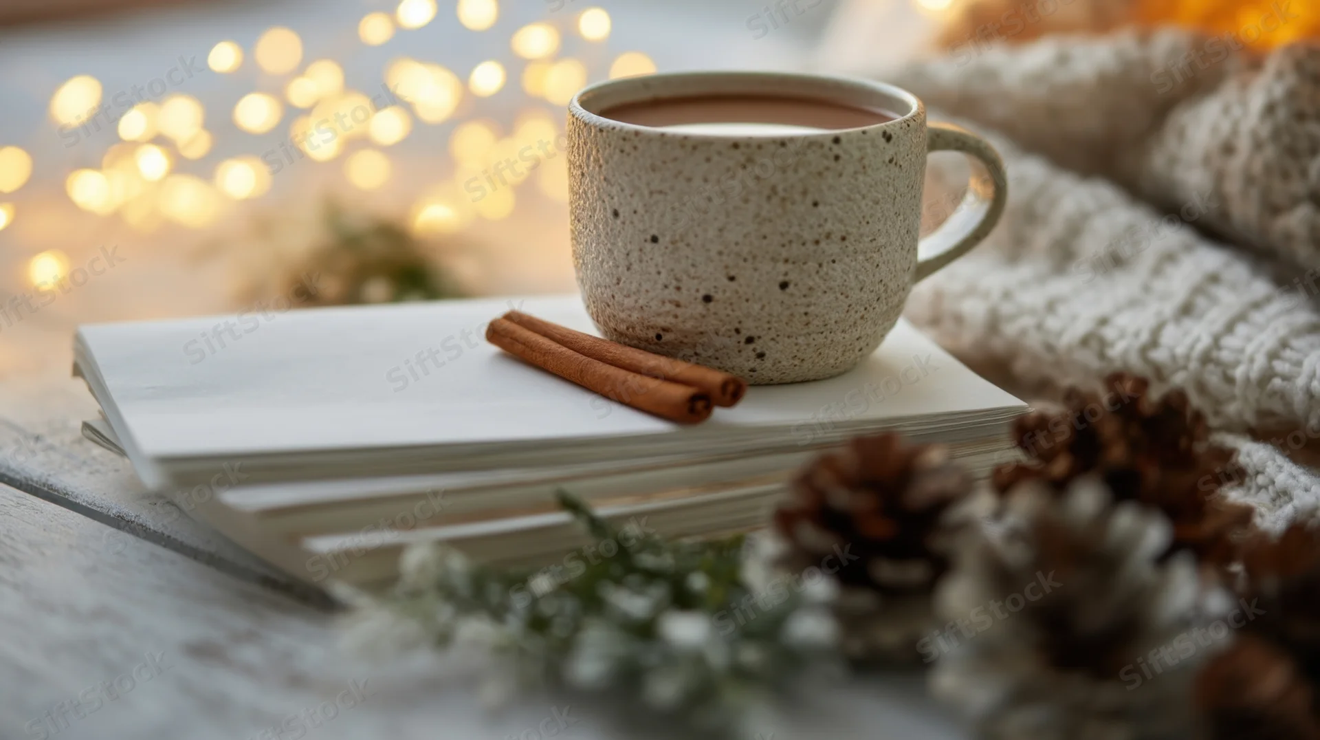 Ceramic cup with hot drink on notebook beside cinnamon sticks and pinecones on wooden table with soft lights and blanket