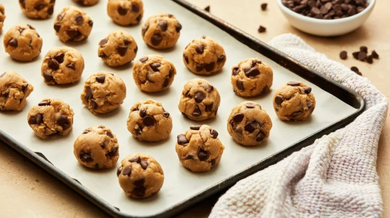 Unbaked chocolate chip cookie dough balls arranged on a baking tray with a towel beside it