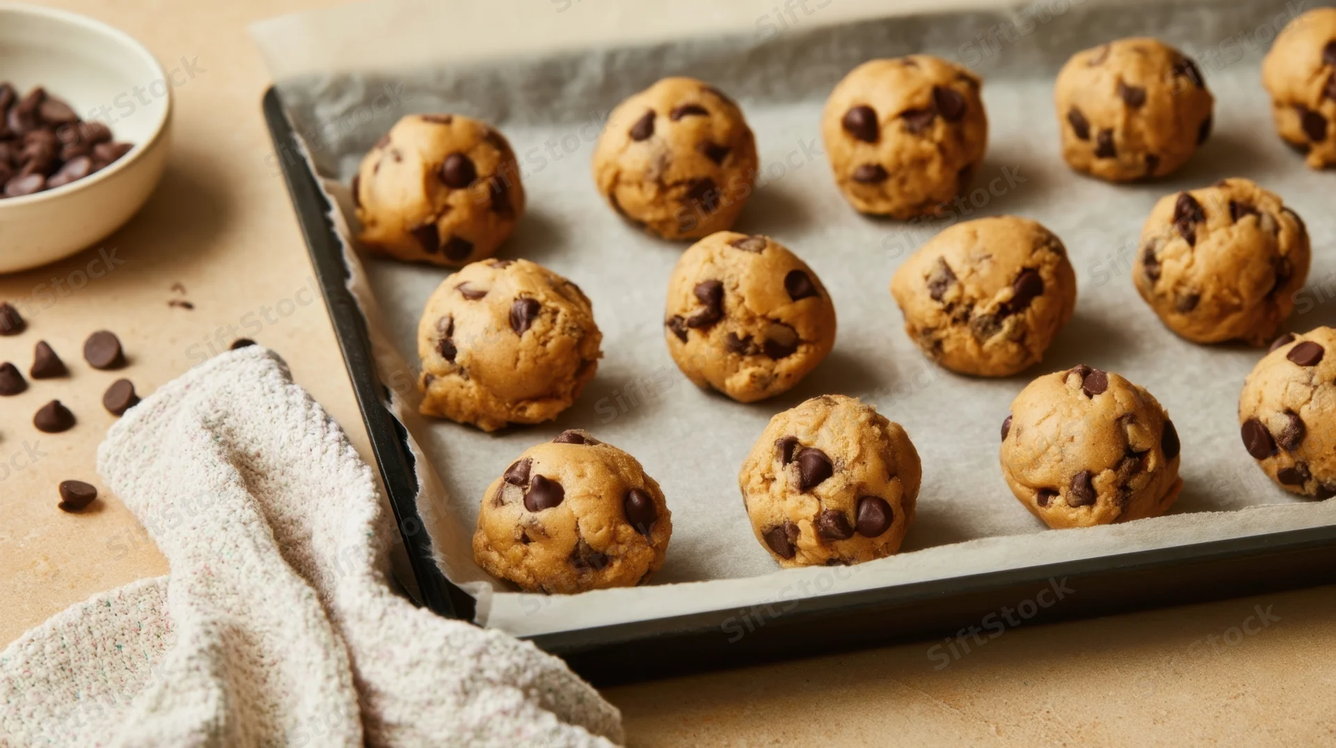 Unbaked chocolate chip cookie dough balls arranged on a parchment-lined baking tray on a kitchen counter