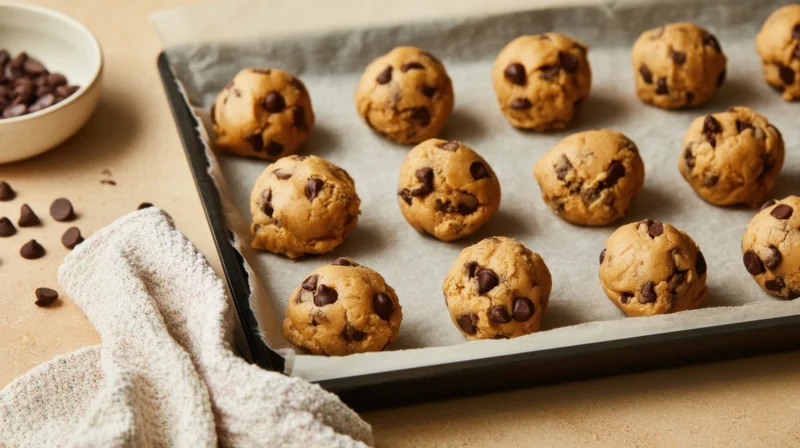 Unbaked chocolate chip cookie dough balls arranged on a parchment-lined baking tray on a kitchen counter
