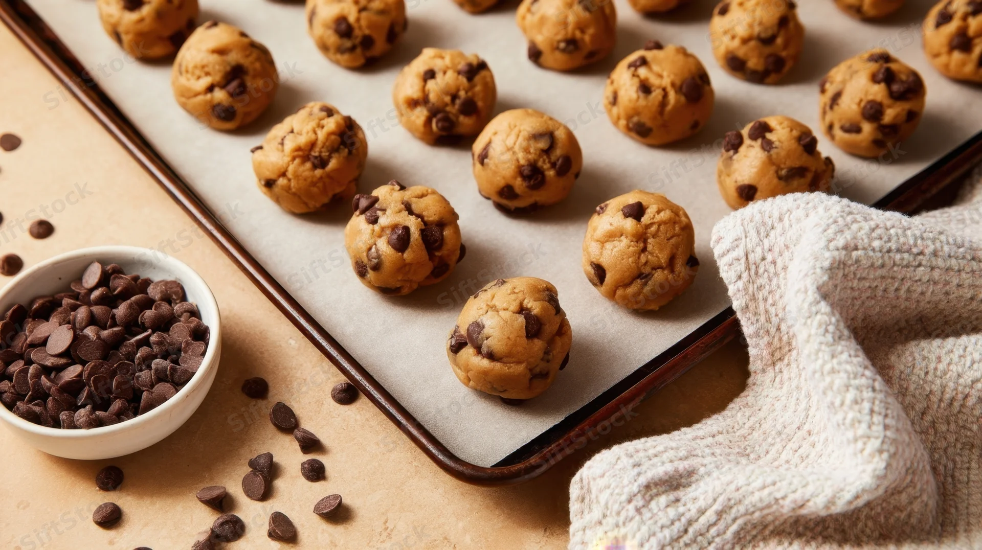 Raw chocolate chip cookie dough balls arranged on a parchment-lined baking tray beside a bowl of chocolate chips and an oven mitt