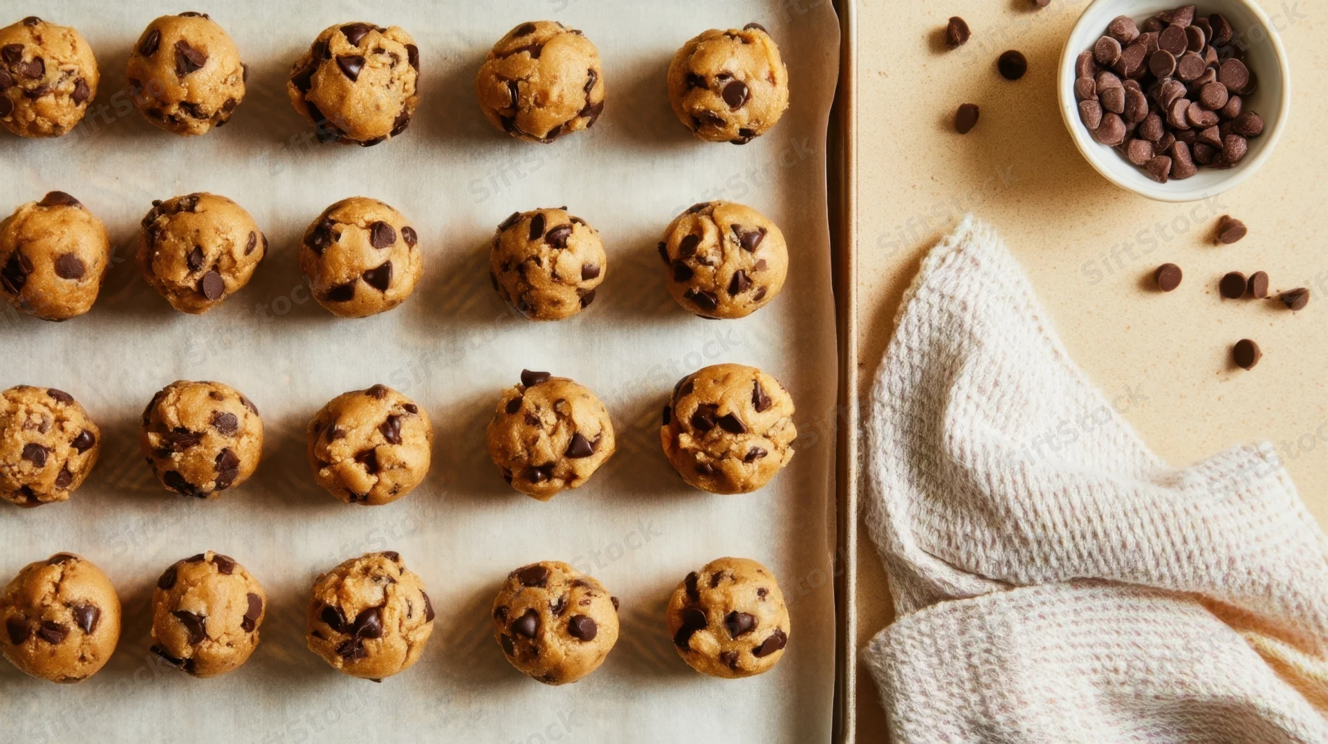Rows of chocolate chip cookie dough balls arranged on a parchment-lined tray beside a bowl of chocolate chips and a cloth towel