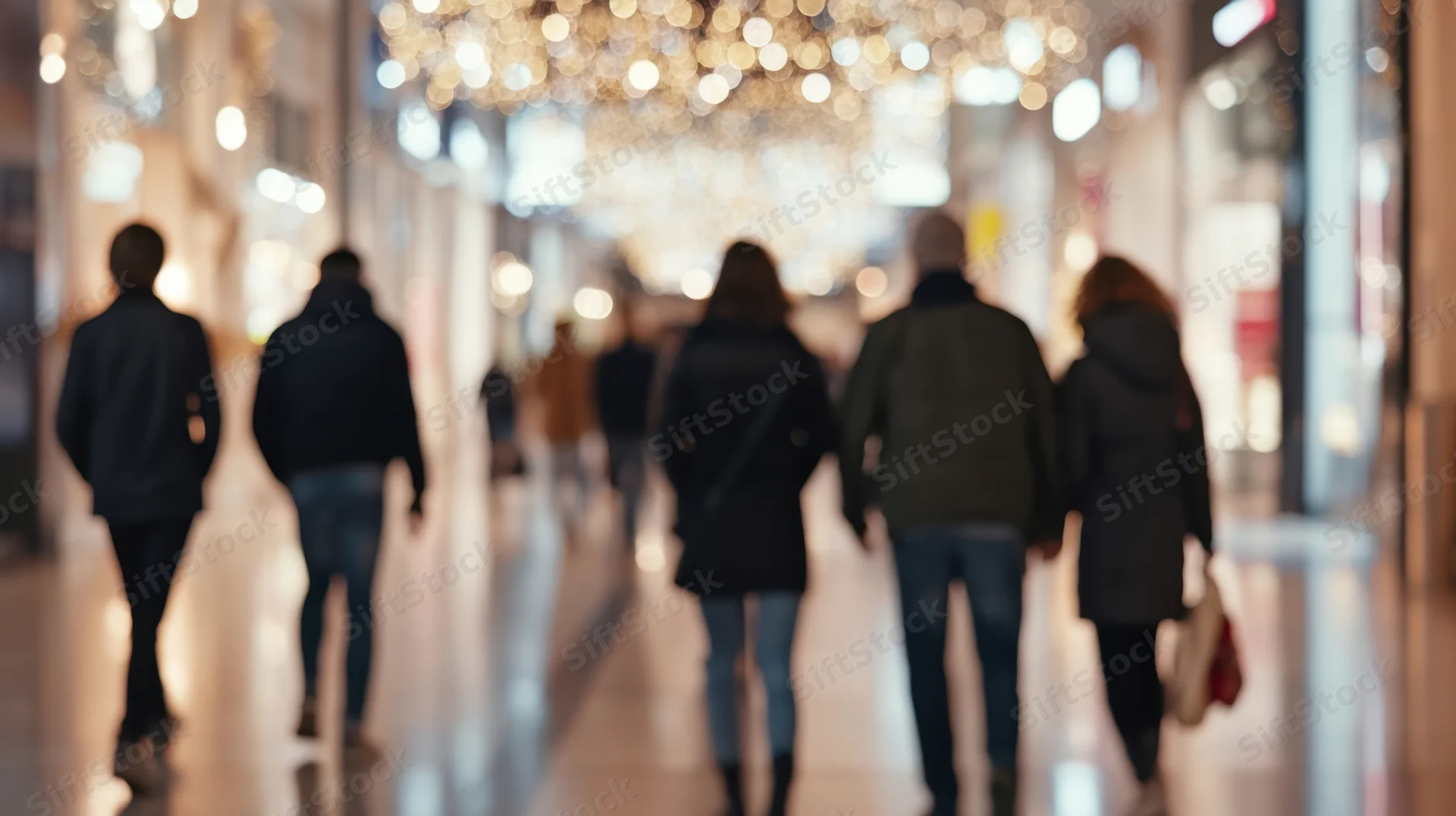 People walking down a brightly lit shopping street at night