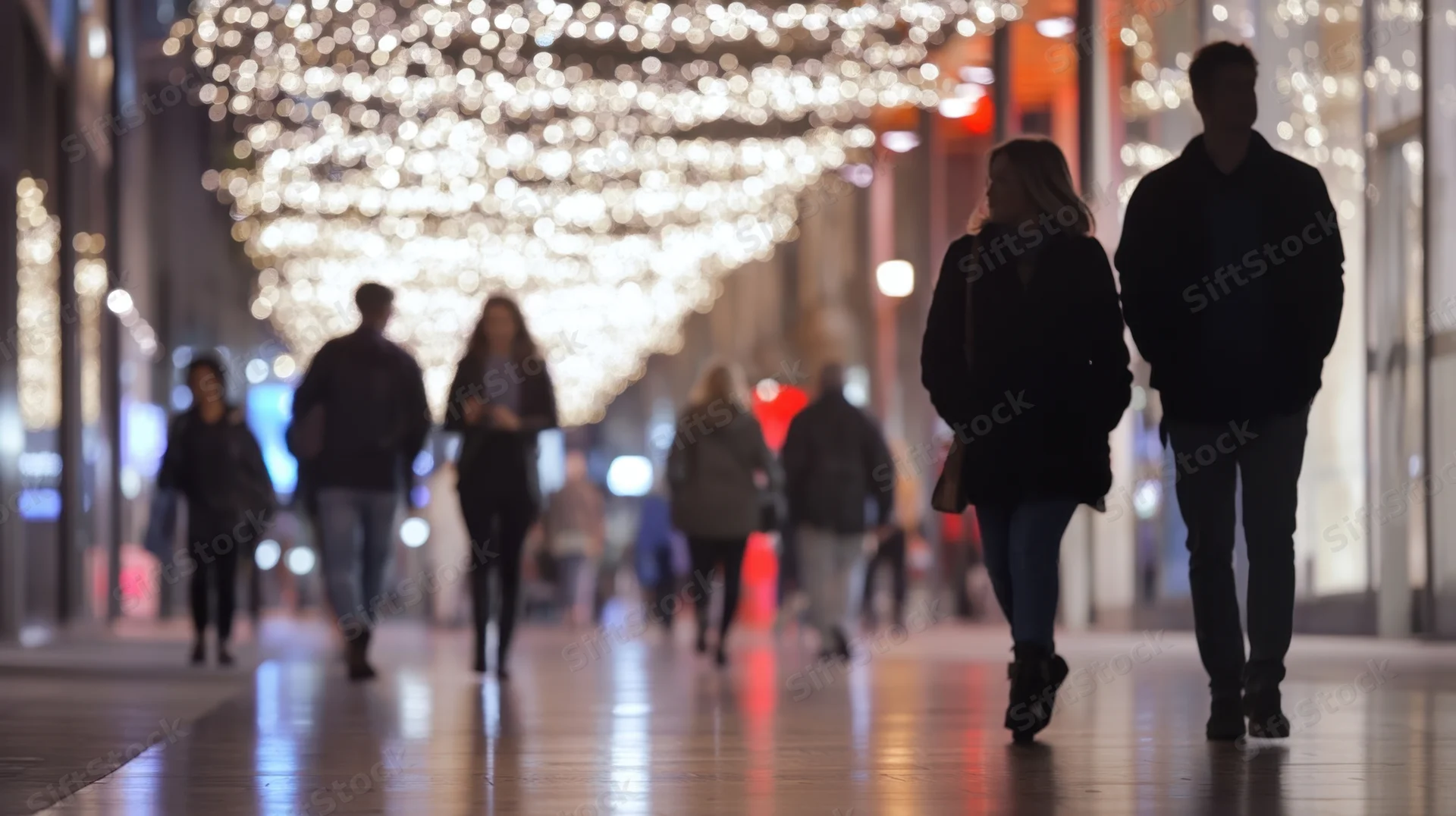 Couple walking along a brightly lit shopping street at night with festive lights overhead