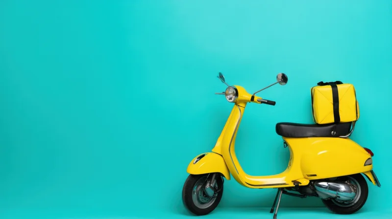 Yellow vintage scooter with delivery bag parked against teal background
