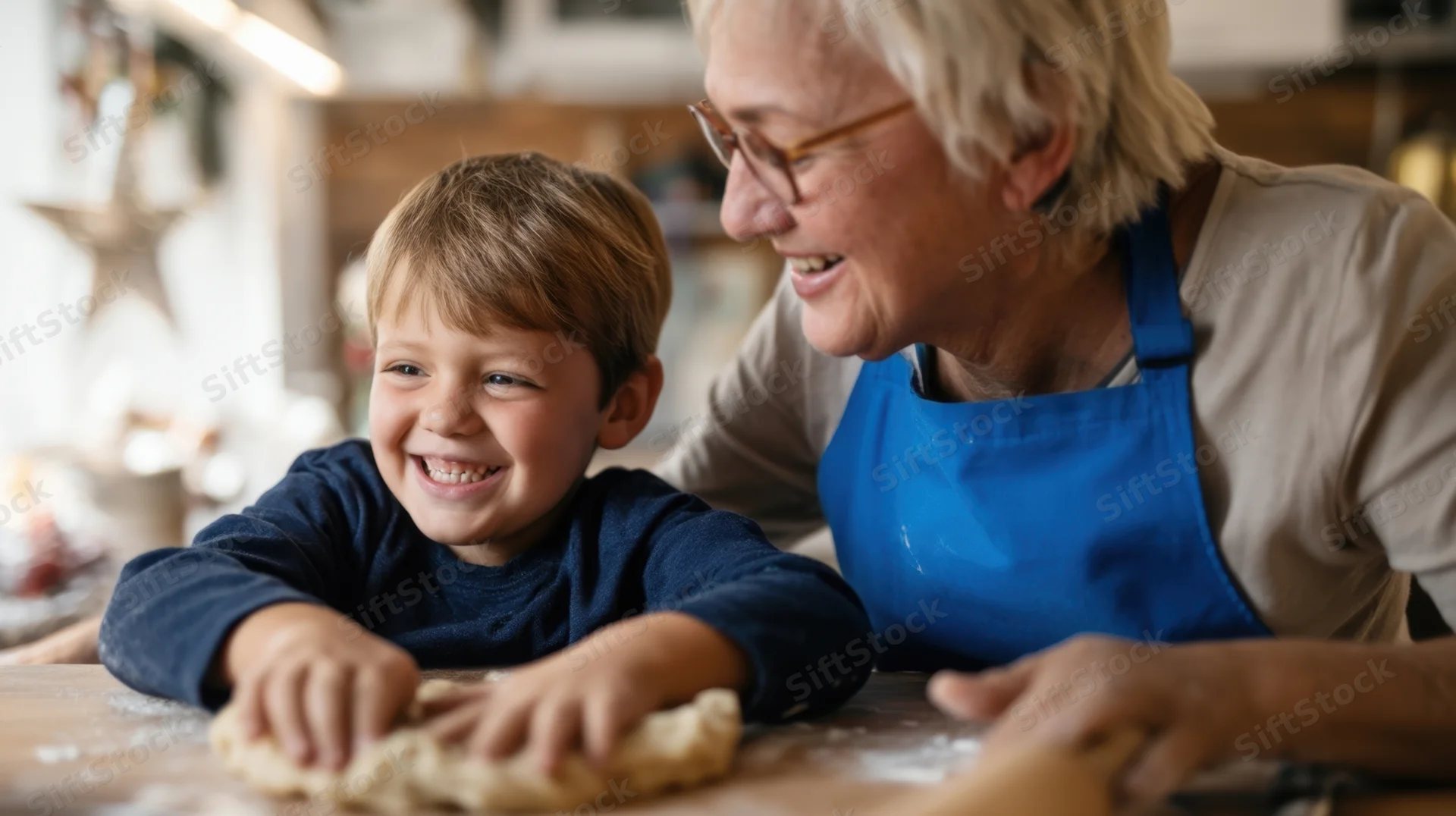 Grandmother and young boy smiling while kneading dough together on a wooden kitchen table