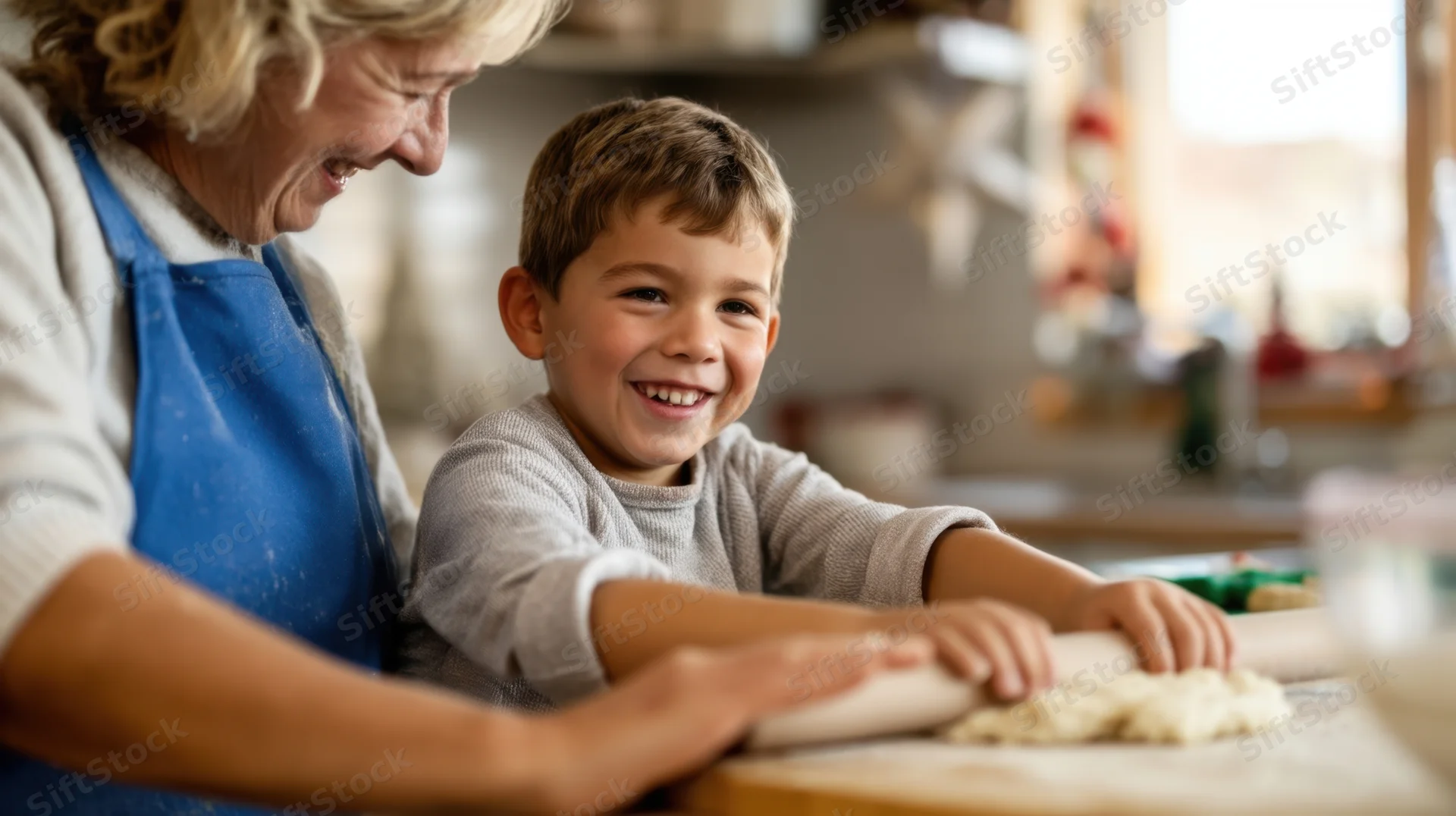 Grandmother and young boy smiling while rolling dough together in a kitchen