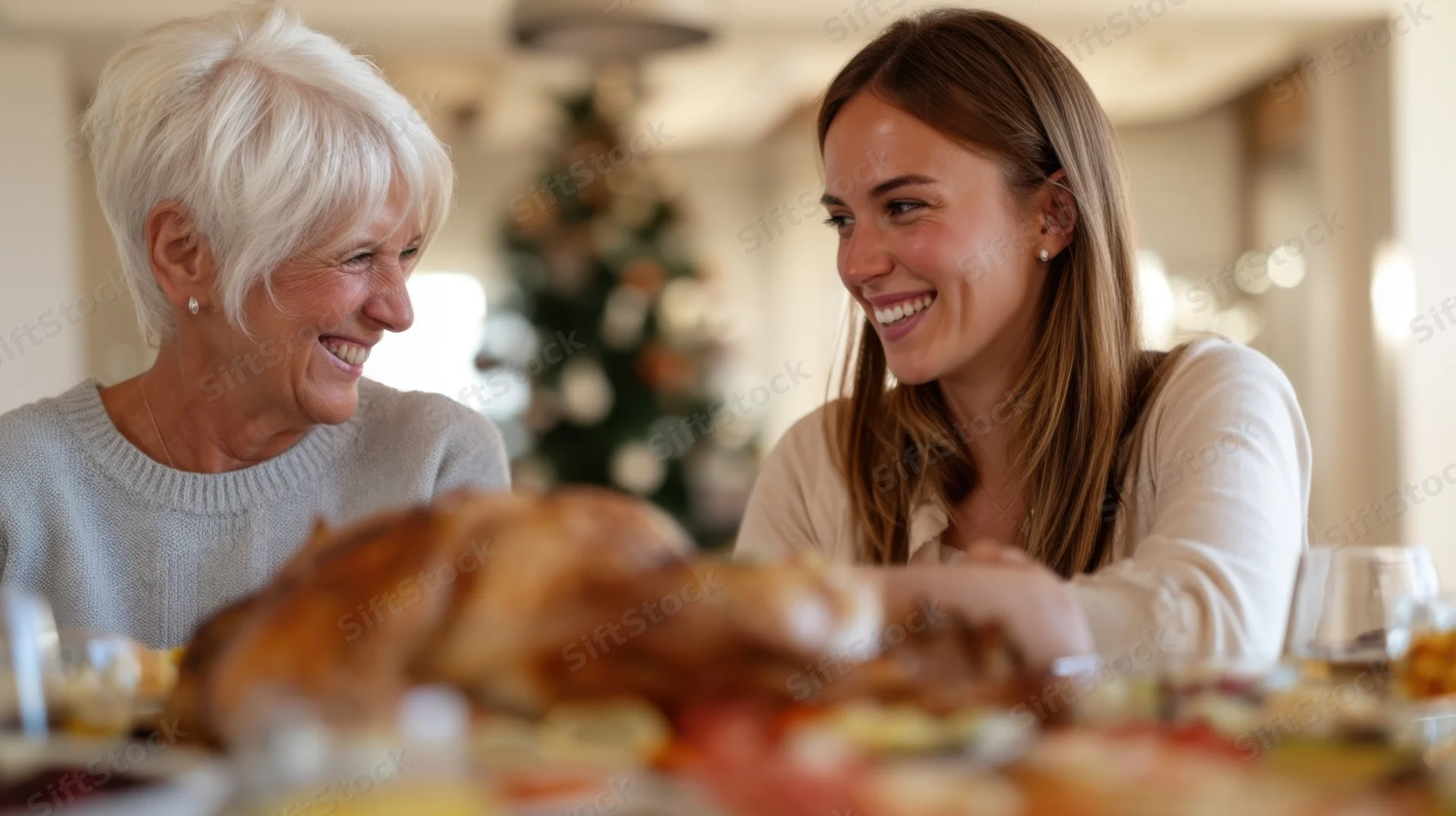 Senior woman and young woman smiling at each other during a christmas dinner at home