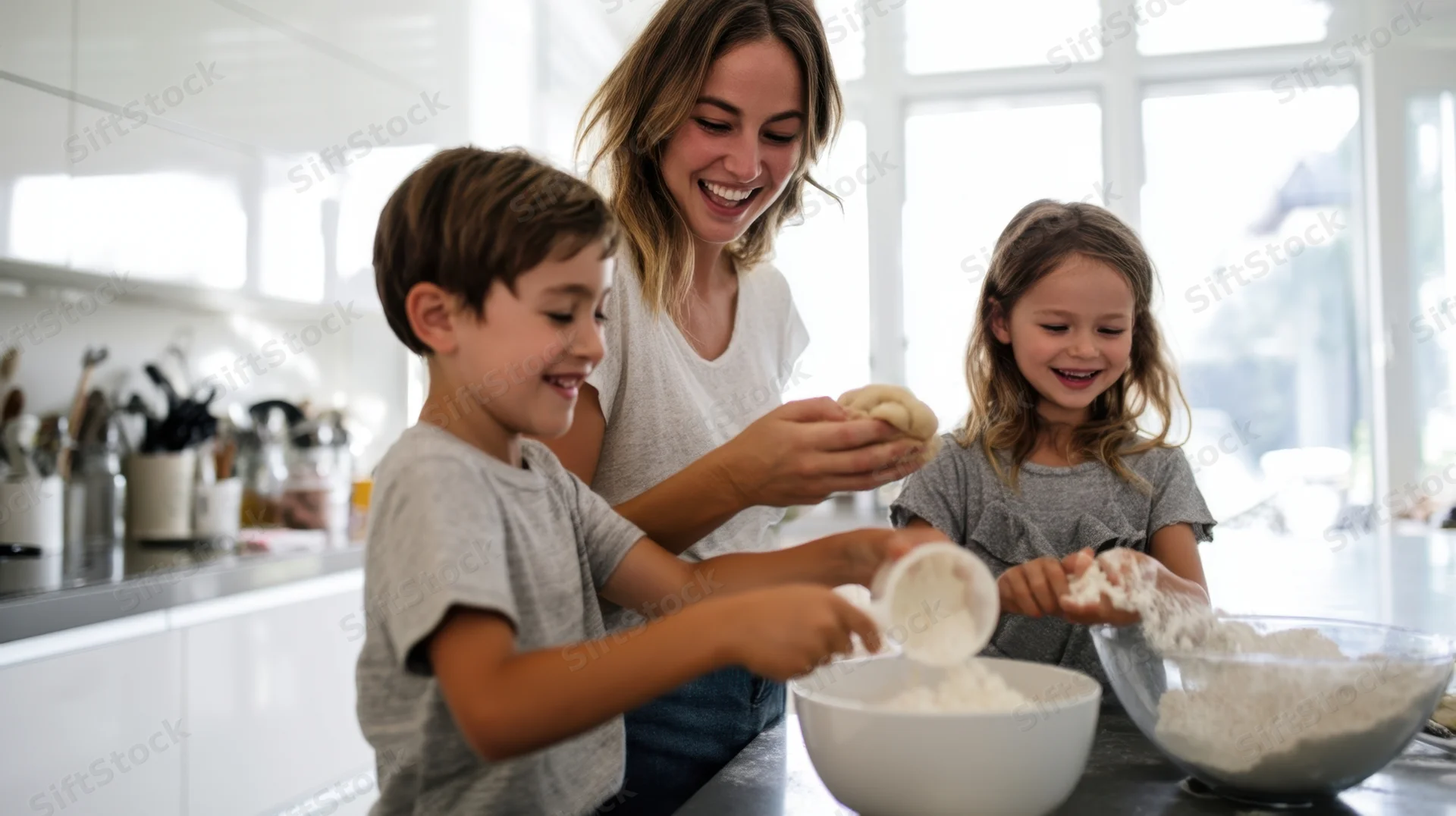 Woman and two children baking together in a bright modern kitchen