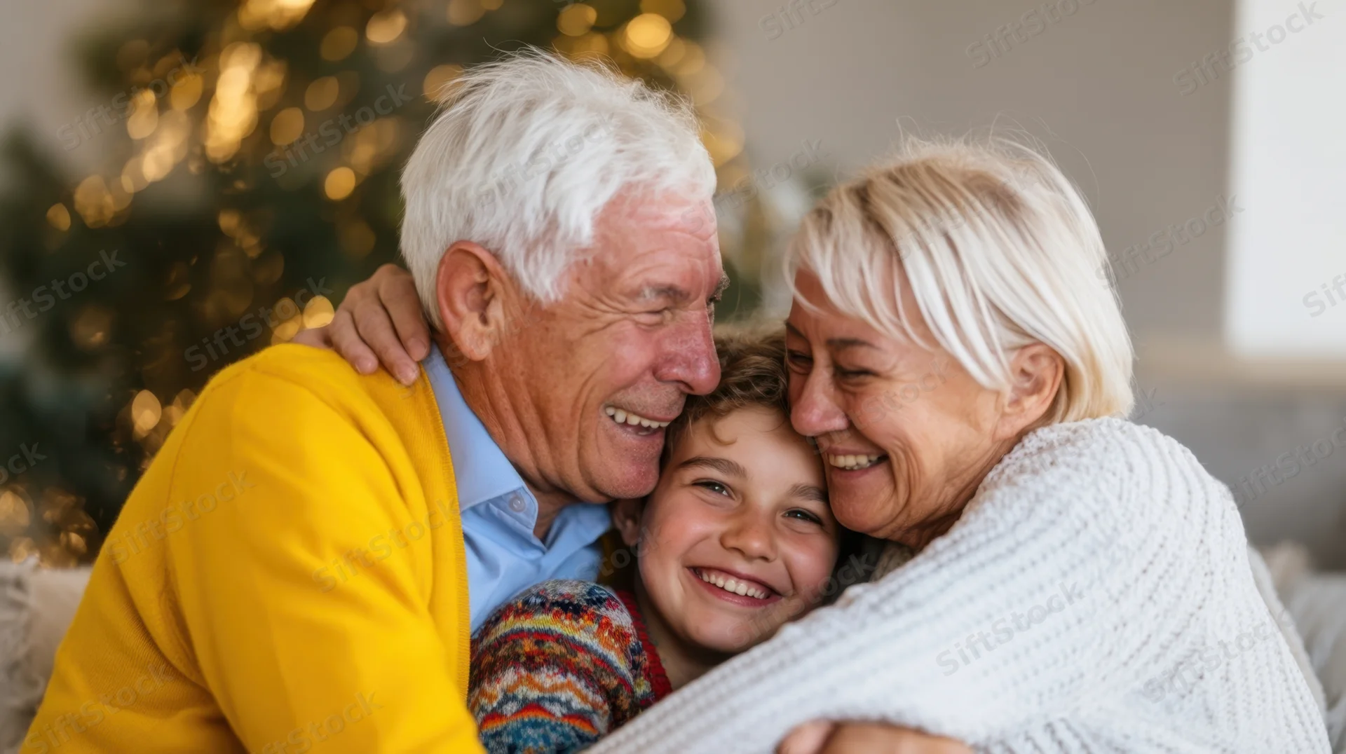 Grandparents hugging their grandchild in a cozy living room with a lit christmas tree in the background
