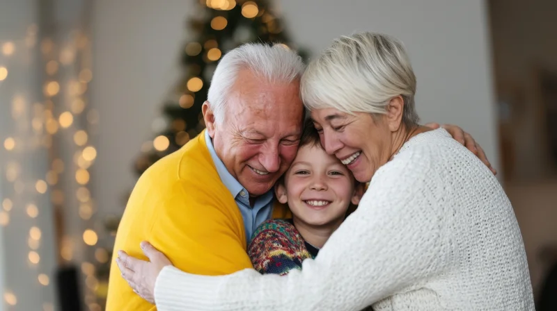 Grandparents hugging their grandson in a cozy home setting with christmas lights in the background
