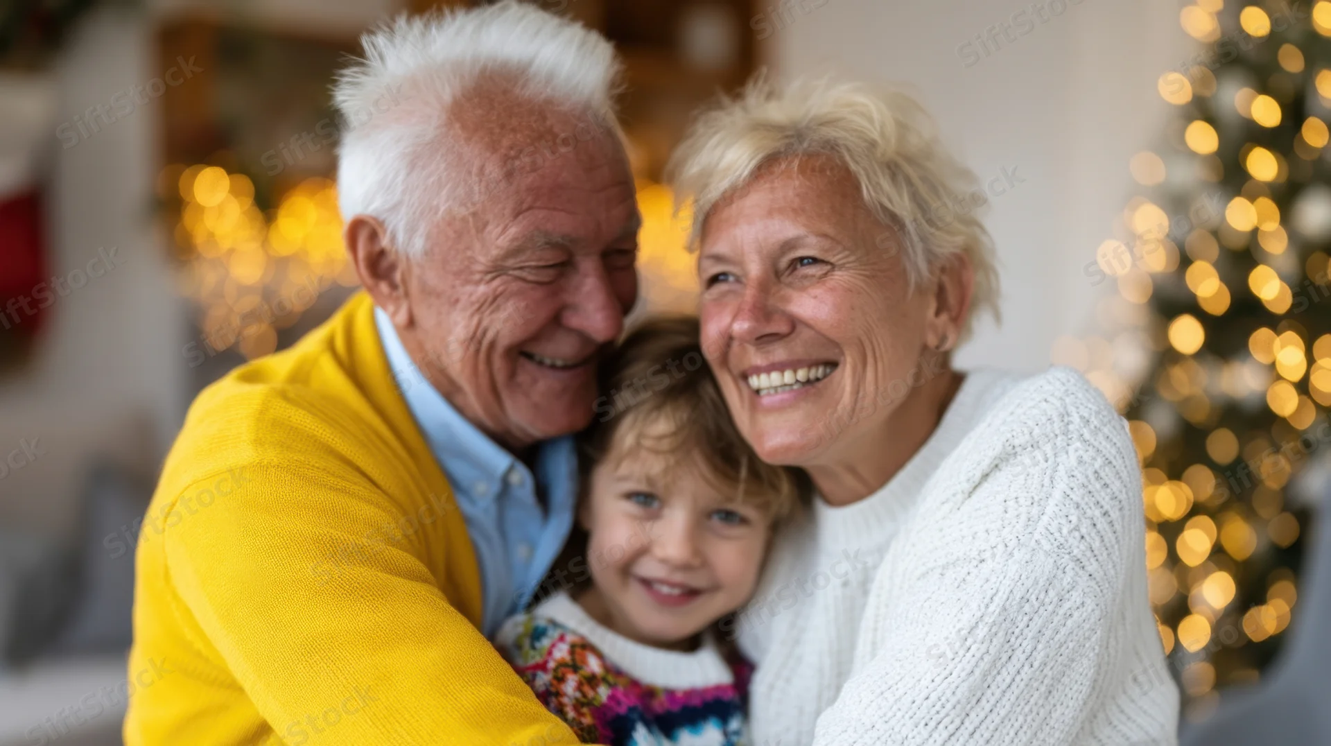Grandparents hugging a young child in a cozy living room with christmas lights in the background