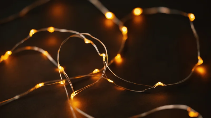 Tangled string of warm glowing fairy lights on dark surface