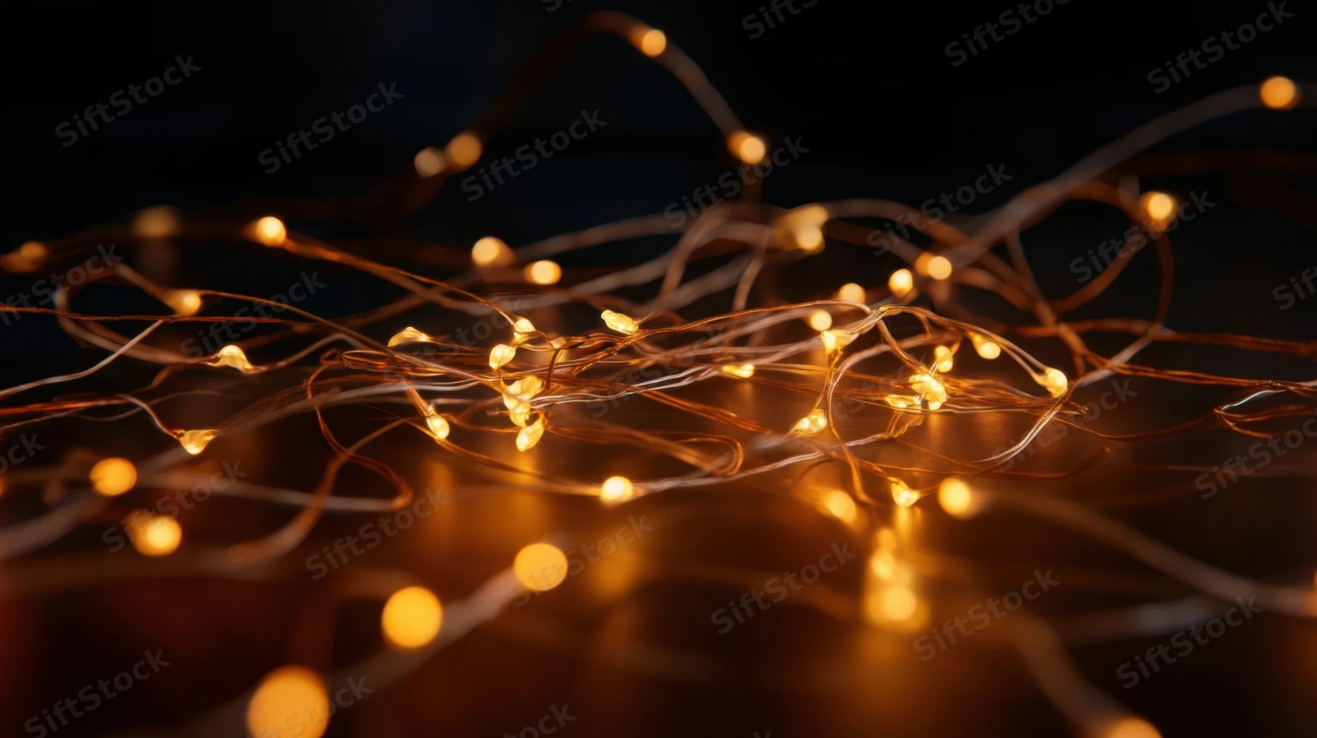 Tangled fairy lights glowing warmly on a dark surface