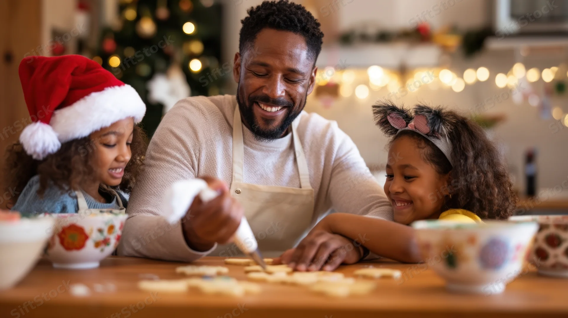 Father decorating cookies with his two daughters in a festive kitchen during christmas